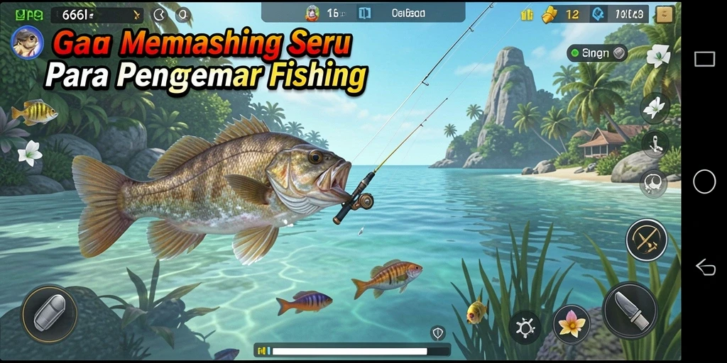 Screenshot gameplay 666I menampilkan aktivitas memancing yang menegangkan.