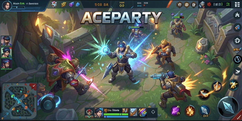 Screenshot gameplay ACEPARTY menampilkan aksi seru pertarungan tim MOBA.