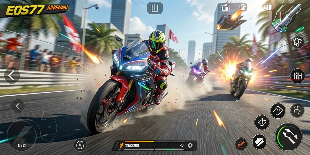 Tampilan gameplay balapan motor yang mendebarkan di EOS77.