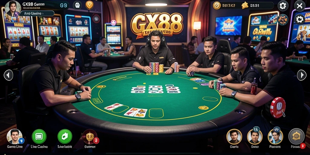 Screenshot utama GX88 menunjukkan dealer Live Casino yang profesional.