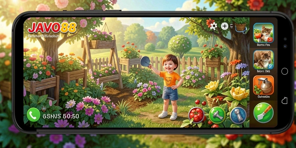 Screenshot gameplay JAVO88 yang menampilkan aktivitas berkebun.