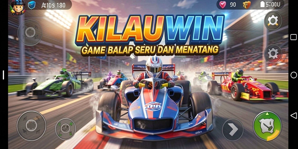 Tampilan gameplay KILAUWIN yang seru dengan mobil balap dan trek menantang.