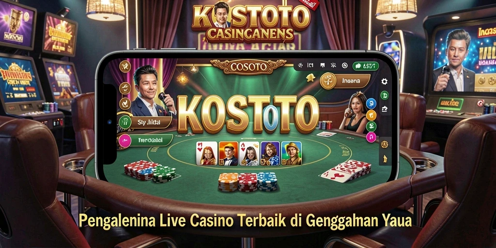 Screenshot gameplay KOSTOTO menampilkan dealer profesional dan suasana kasino langsung.