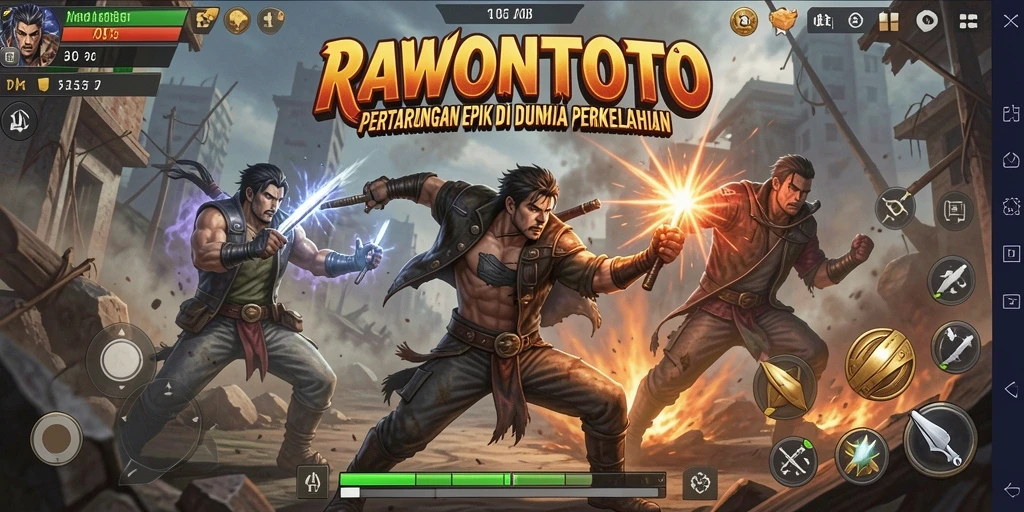 Screenshot utama RAWONTOTO menampilkan aksi bertarung yang seru.