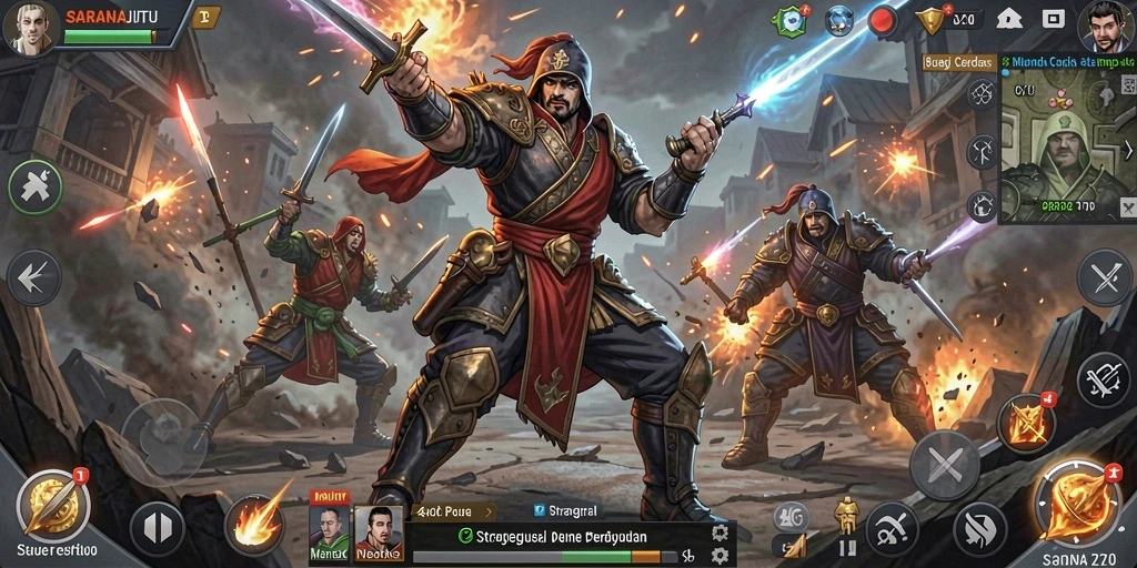 Tangkapan layar gameplay SARANAJITU menampilkan strategi pertempuran yang seru.