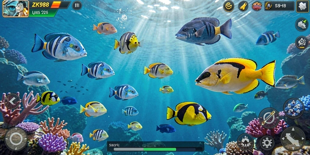 Gameplay seru dalam ZK988 saat menembak ikan di lautan.