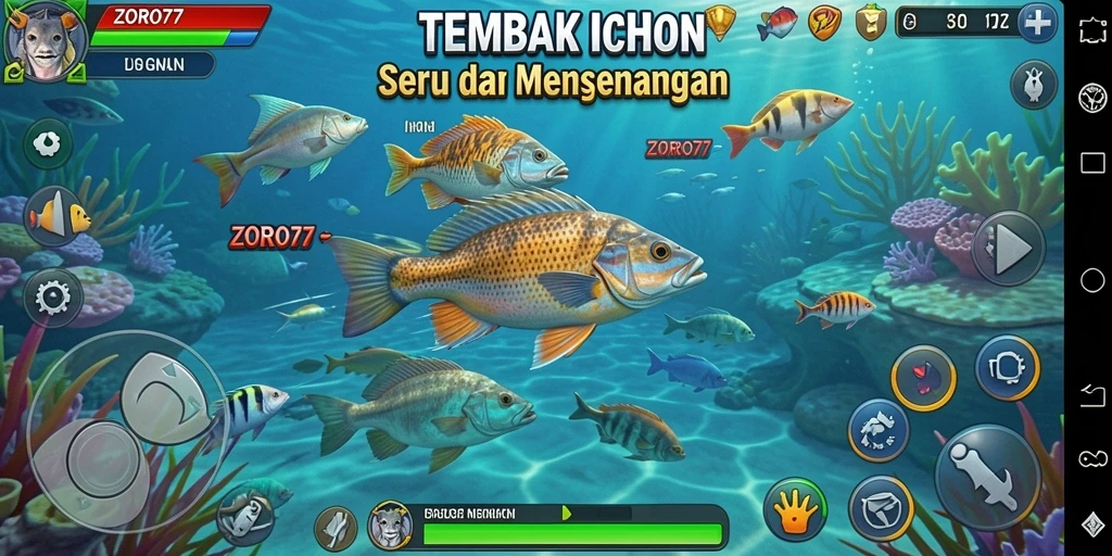Gameplay seru ZORO77 dengan berbagai ikan yang bisa ditembak.